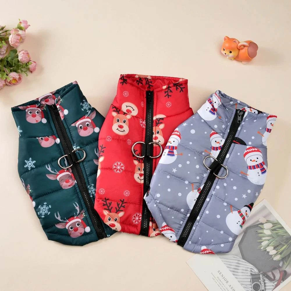 Weihnachtlicher Hundemantel mit Rentier-Print, wasserdicht und warm, mit praktischem D-Ring für kleine und mittelgroße Hunde