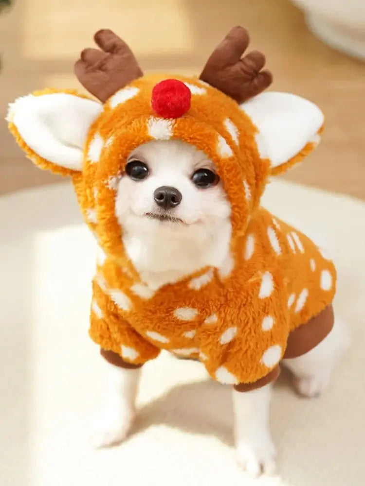 Weihnachtliches Haustierkostüm Rentier Plüsch Hund und Katze mit Kapuze