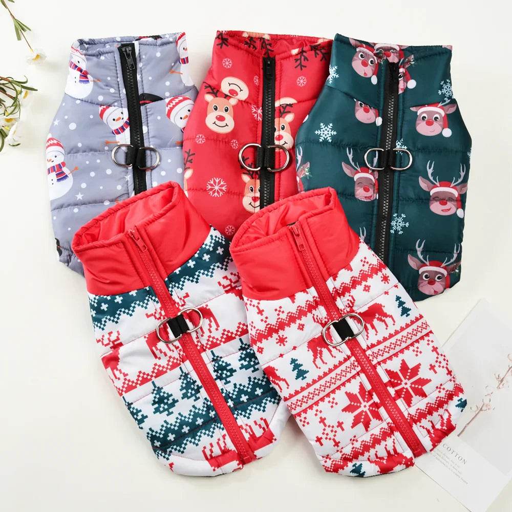 Neujahrs-Hundemantel mit Rentier-Print – Wasserdicht, warm & mit D-Ring - Pawlino