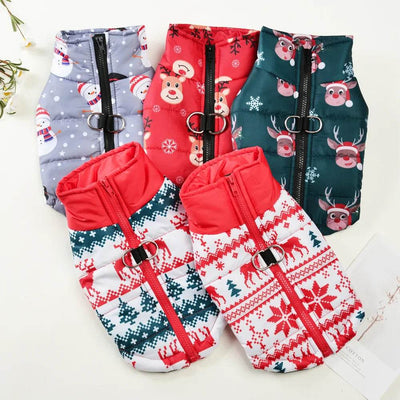 Neujahrs-Hundemantel mit Rentier-Print – Wasserdicht, warm & mit D-Ring - Pawlino