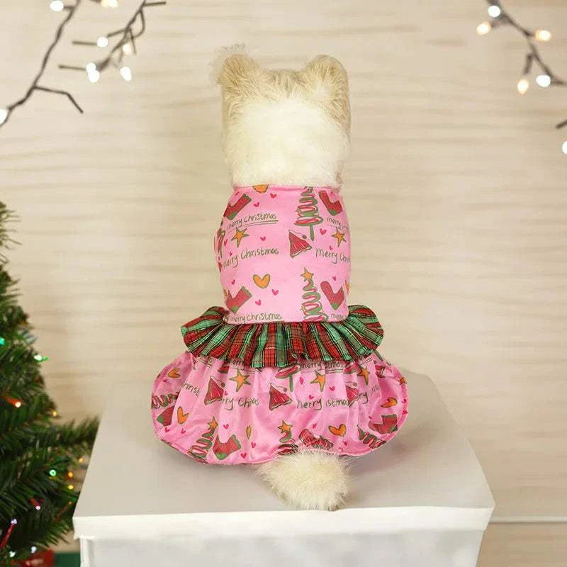 Weihnachtskleid für Hunde in Pink mit Tannenbaum- und Schneemannmotiv
