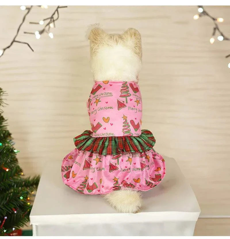 Weihnachtskleid für Hunde in Rosa mit Weihnachtsmotiven und Tannenbaum Muster