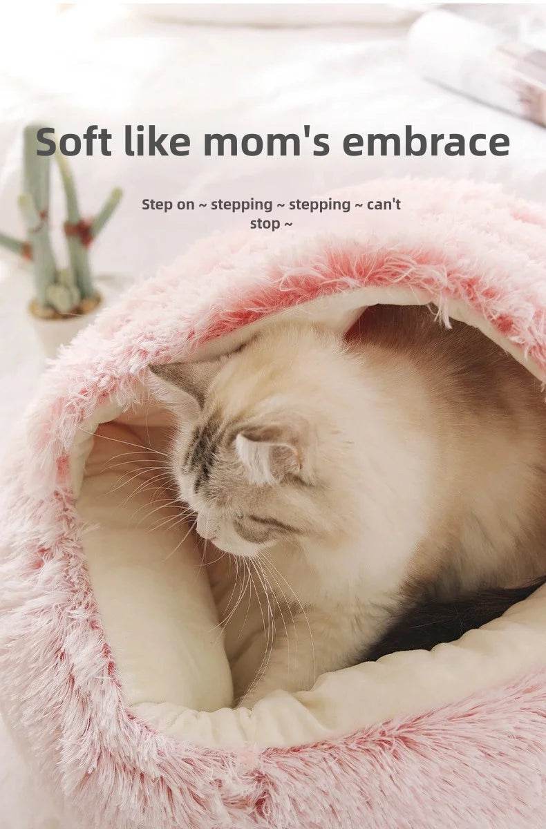 Weiches Plüsch-Haustierbett für Herbst und Winter, warmes und kaltes Plüsch-Nest für den Winter, halbgeschlossenes Katzennest in Muschelform - Pawlino