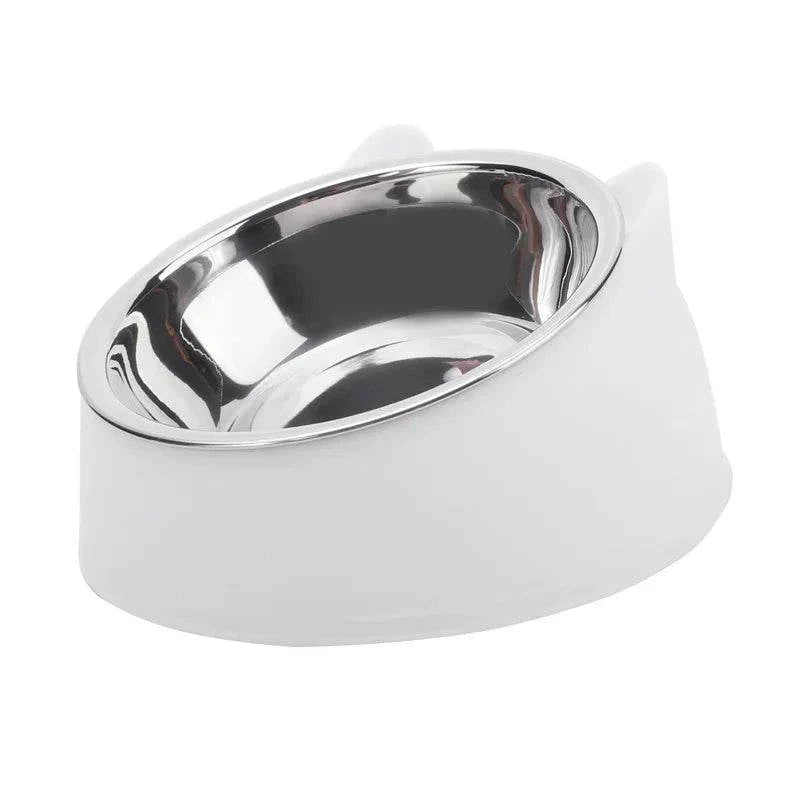 Weiße geneigte Edelstahl Cat Bowl mit Katzenohren-Design für Katzen und kleine Hunde, ergonomisch und hygienisch, 100 ml Fassungsvermögen