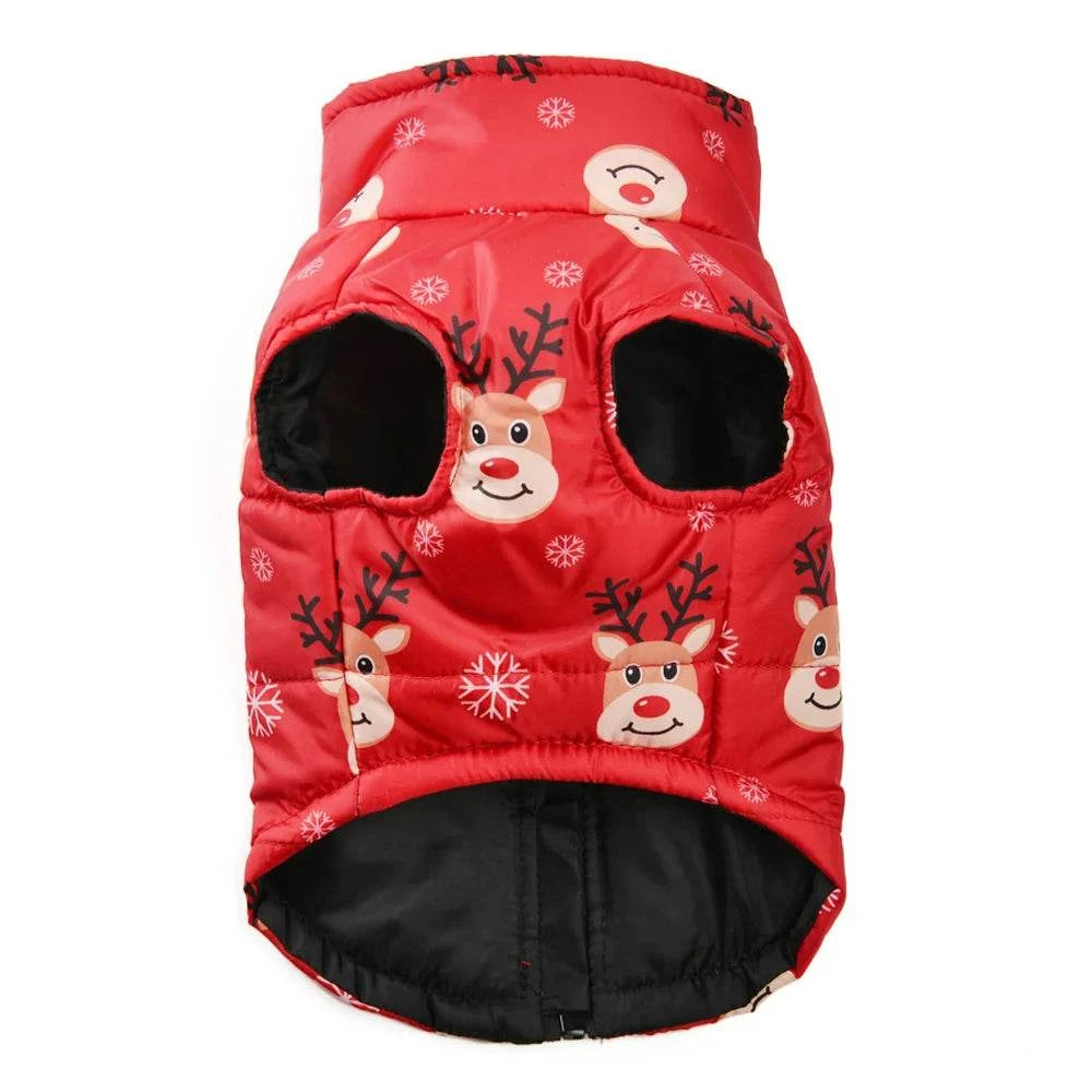 Weihnachtlicher Hundemantel mit Rentier-Print, wasserdicht und warm, mit D-Ring für Leinenbefestigung