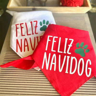 Feliz Navidog Feliz Navidad Christmas pet bandanas with paw print in red and white colors