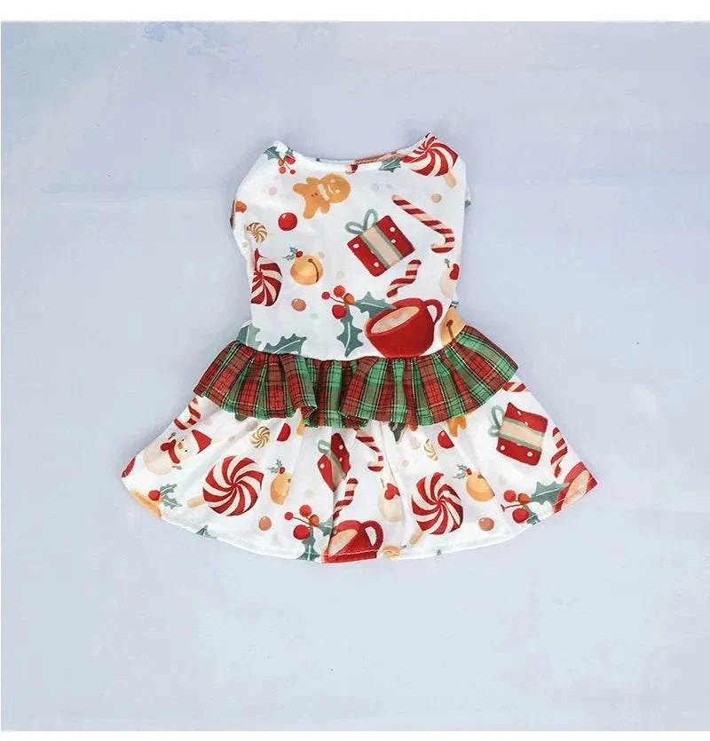 Weihnachtliches Hundekleid mit Geschenk- und Zuckerstangen-Motiv und kariertem Rock