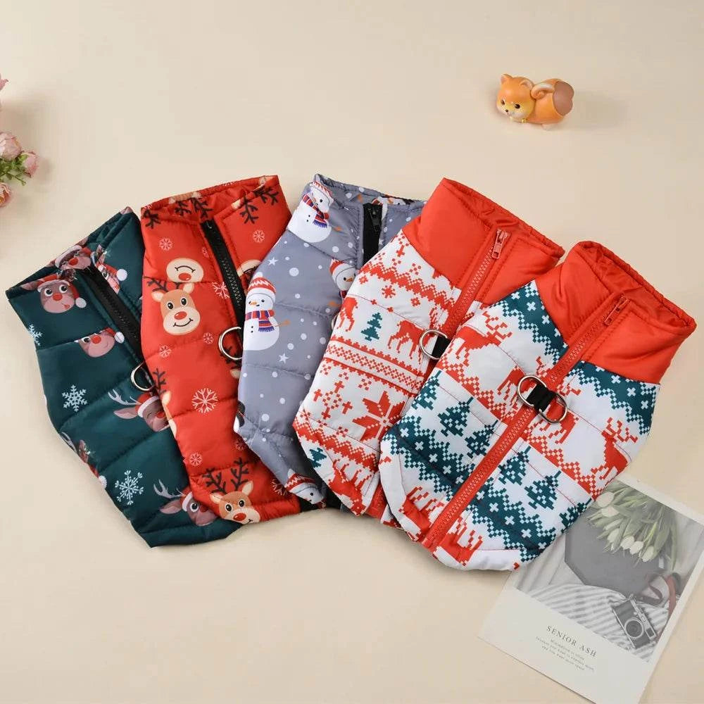 Weihnachtlicher Hundemantel mit Rentier-Print, wasserdicht und warm, mit praktischem D-Ring für kleine und mittelgroße Hunde