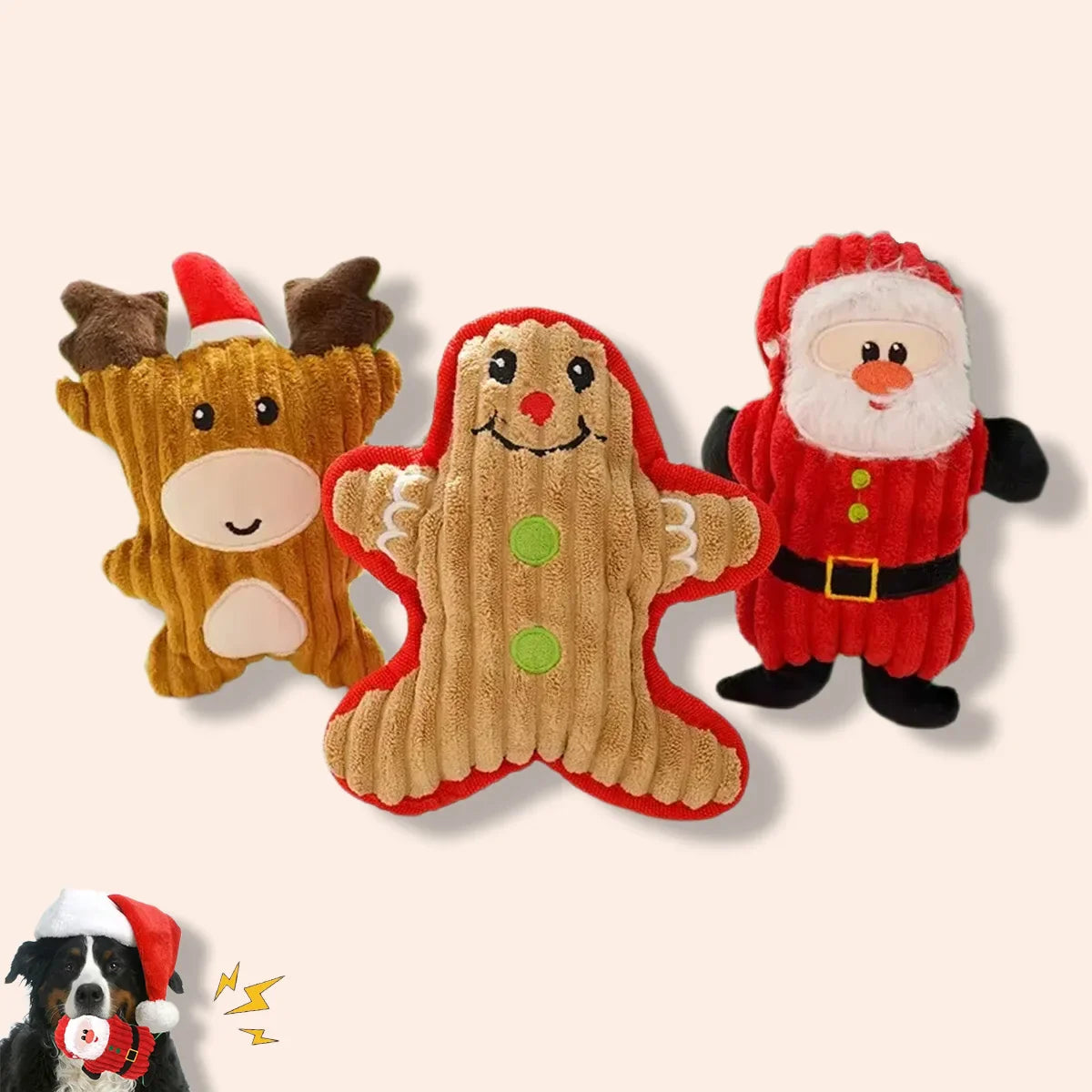 Weihnachtliches Kauspielzeug für Hunde mit Weihnachtsmann, Rentier und Lebkuchenmann aus weichem Plüsch