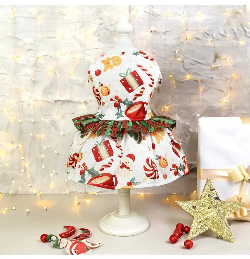 Weihnachtskleid für Hunde mit Geschenk- und Süßigkeitenmuster und kariertem Kragen