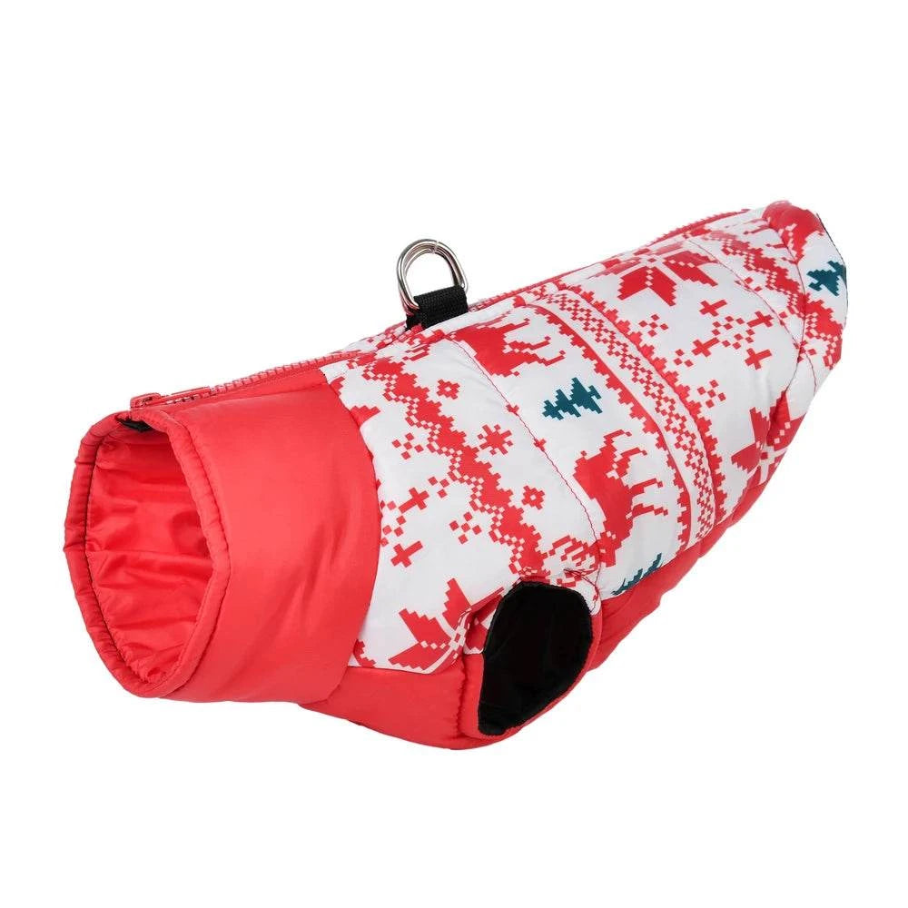Weihnachtlicher wasserdichter Hundemantel mit Rentier-Print und D-Ring, warm und bequem für Winterspaziergänge