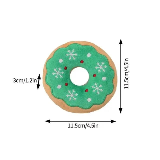 Xmas Pet Dog Plush Chew Toy green donut shape with snowflake design for Christmas