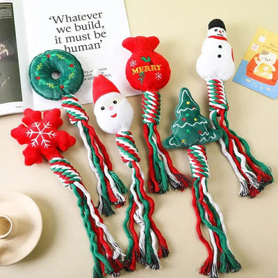 Christmas small dog toy set with plush festive characters and cotton rope, ideal for chewing and playing