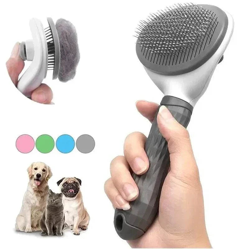 Self-cleaning pet grooming brush with ergonomic handle and soft metal bristles for dogs and cats of all fur types