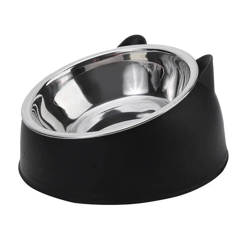 Geneigte Cat Bowl aus Edelstahl mit schwarzem Kunststoffrand für Katzen und kleine Hunde, ergonomisch und hygienisch.