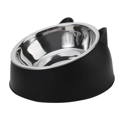 Geneigte Cat Bowl aus Edelstahl mit schwarzem Kunststoffrand für Katzen und kleine Hunde, ergonomisch und hygienisch.