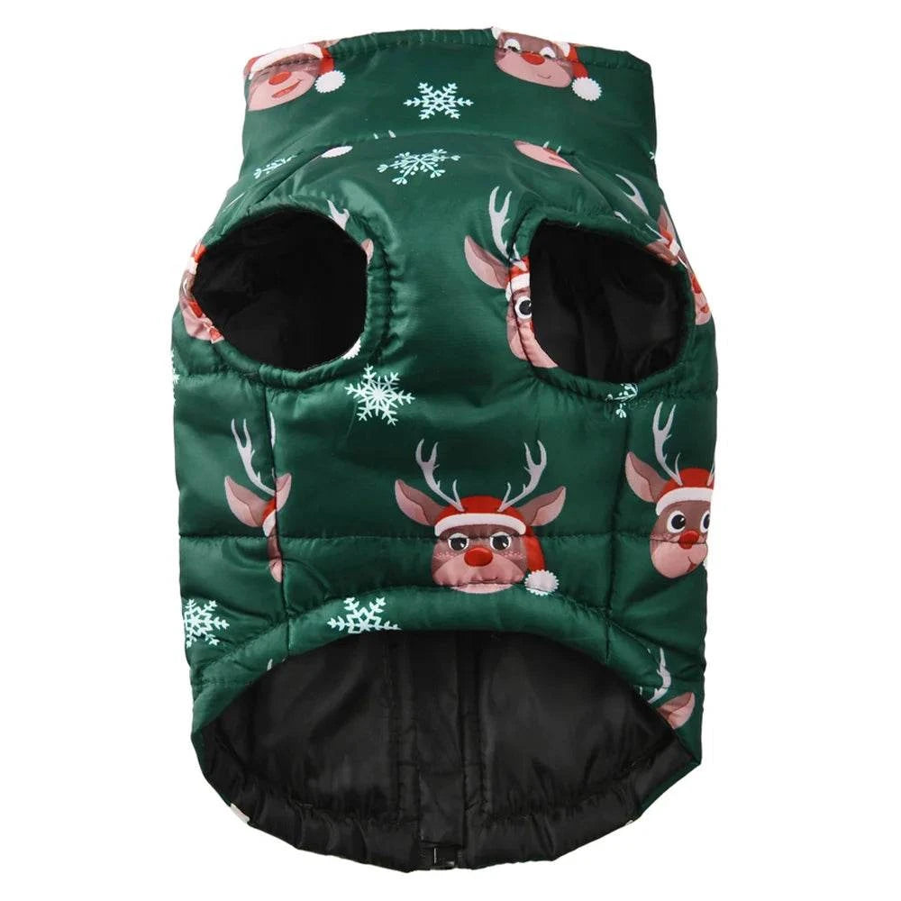 Weihnachtlicher Hundemantel grün mit Rentier-Print, wasserdicht und warm