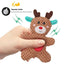Hand holding Xmas Pet Dog Plush Chew Toy reindeer with squeaky sound feature