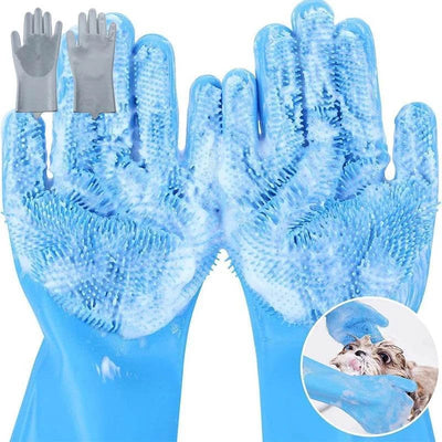 Blue silicone pet grooming cleaning gloves with soft bristles for gentle fur removal and massage, 2-piece set for dogs and cats
