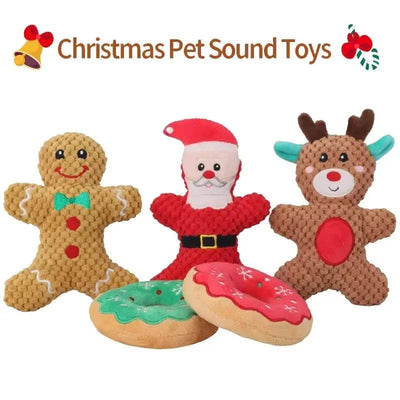 Xmas pet dog plush chew toys including gingerbread man, Santa, reindeer, and donut designs
