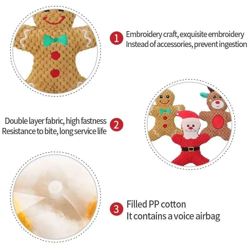 Xmas pet dog plush chew toy set with Santa, elk, and gingerbread man designs made of double-layer fabric with voice airbags for chewing and interactive play