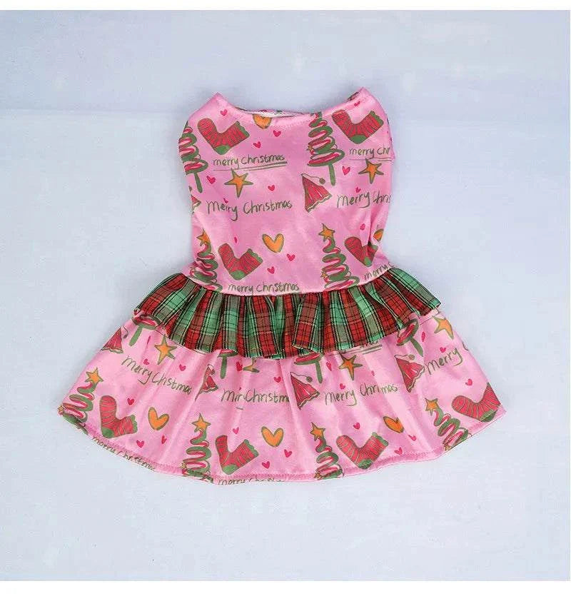 weihnachtskleid für hunde mit schneemann und tannenbaum muster rosa und rot karierter rock festliches hundekleid