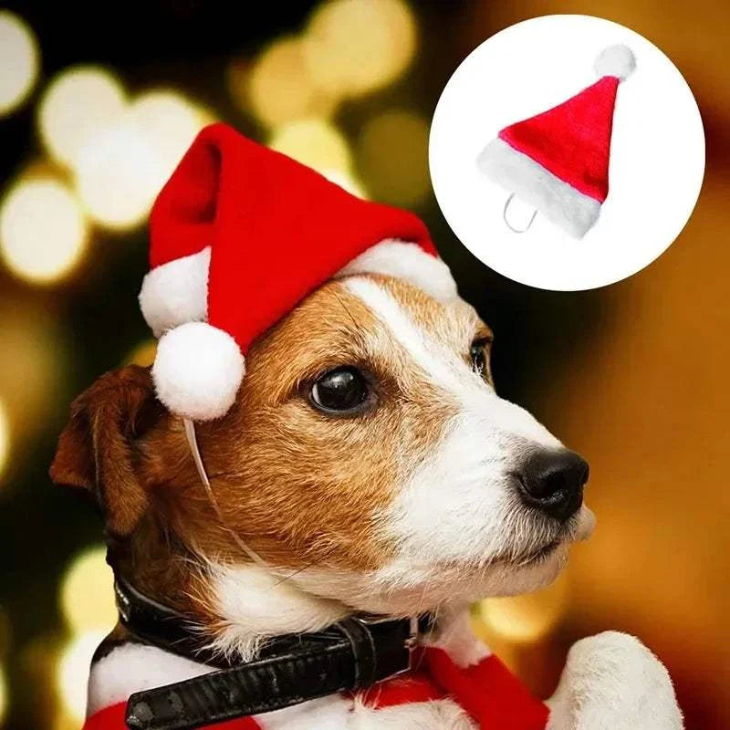 Weihnachtsmütze für Hunde und Katzen aus rotem Plüsch mit weißem Bommel und sicherem Band