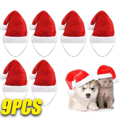 Set of 9 Christmas pet cat dog Santa hats with plush red and white fabric and adjustable windproof rope design for holiday parties