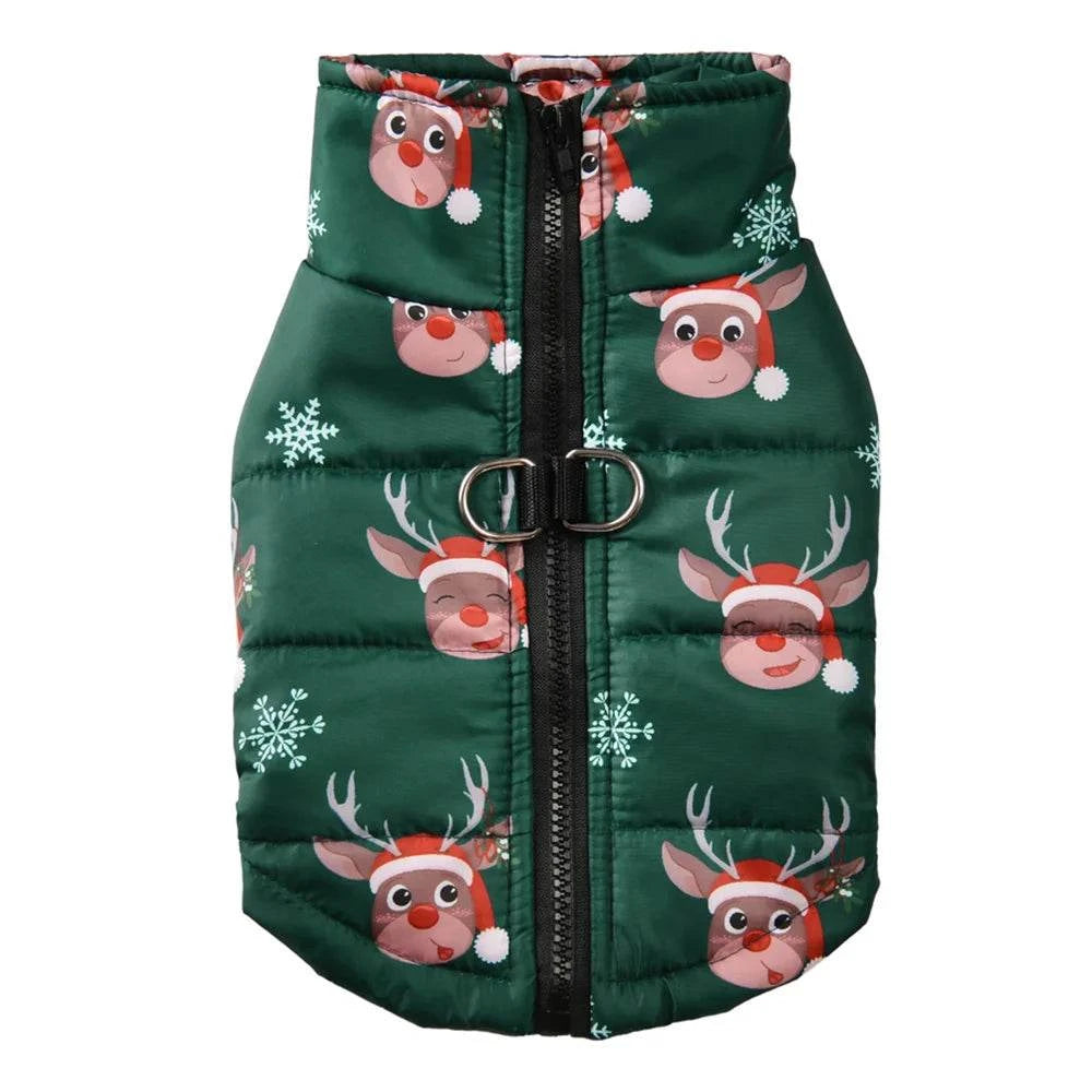 Wasserdichter grüner Hundemantel mit festlichem Rentier-Print und D-Ring für Weihnachtszeit