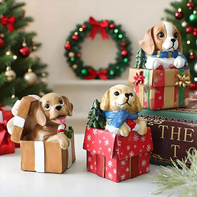 Christmas resin puppy ornaments in festive gift boxes for holiday decoration