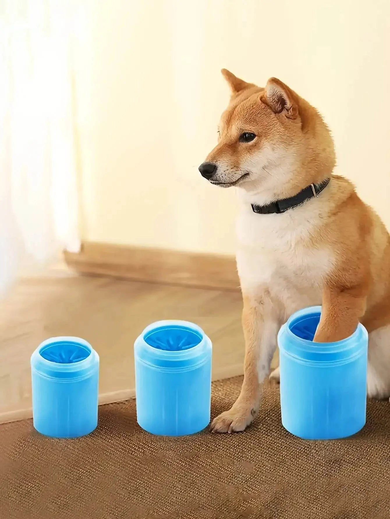 Blue pet foot washing cups with soft silicone bristles cleaning dog paw
