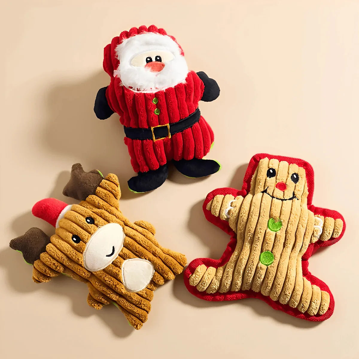 Weihnachtliches Kauspielzeug für Haustiere in Form von Weihnachtsmann, Rentier und Lebkuchenmann aus weichem Plüsch mit Quietschfunktion zur Zahnreinigung und Beschäftigung kleiner und mittelgroßer Hunde