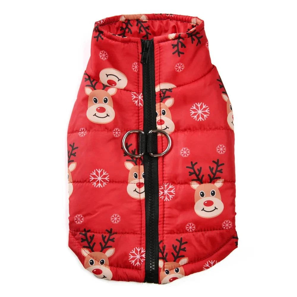 Roter wasserdichter Hundemantel mit Weihnachts-Rentier-Print und D-Ring für kleine Hunde