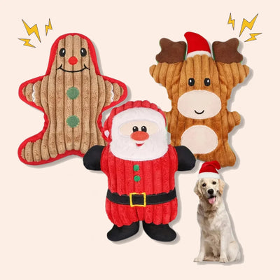 Christmas pet chewing toy set with Santa, reindeer, and gingerbread plush characters for dogs