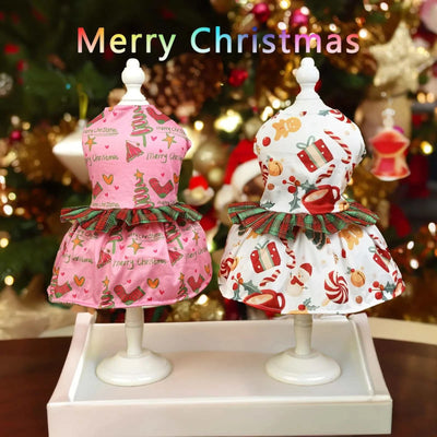 Christmas pet dog dresses with festive prints and ruffled skirts for small and medium dogs