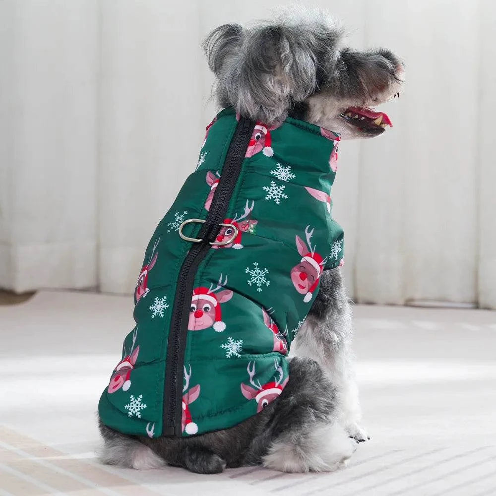 Wasserdichter Hundemantel mit weichem Innenfutter und festlichem Rentier-Weihnachtsmuster, ideal für kalte Tage und Spaziergänge.