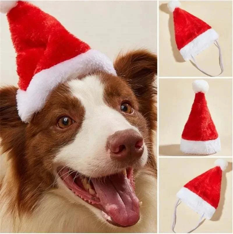 Red fleece Christmas pet hat for dogs and cats with white trim and pom-pom, festive holiday costume accessory