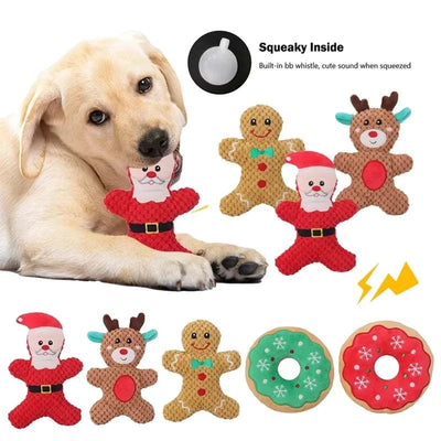 Xmas pet dog plush chew toys including Santa, elk, gingerbread man, and donut shapes with squeaky sound for interactive play