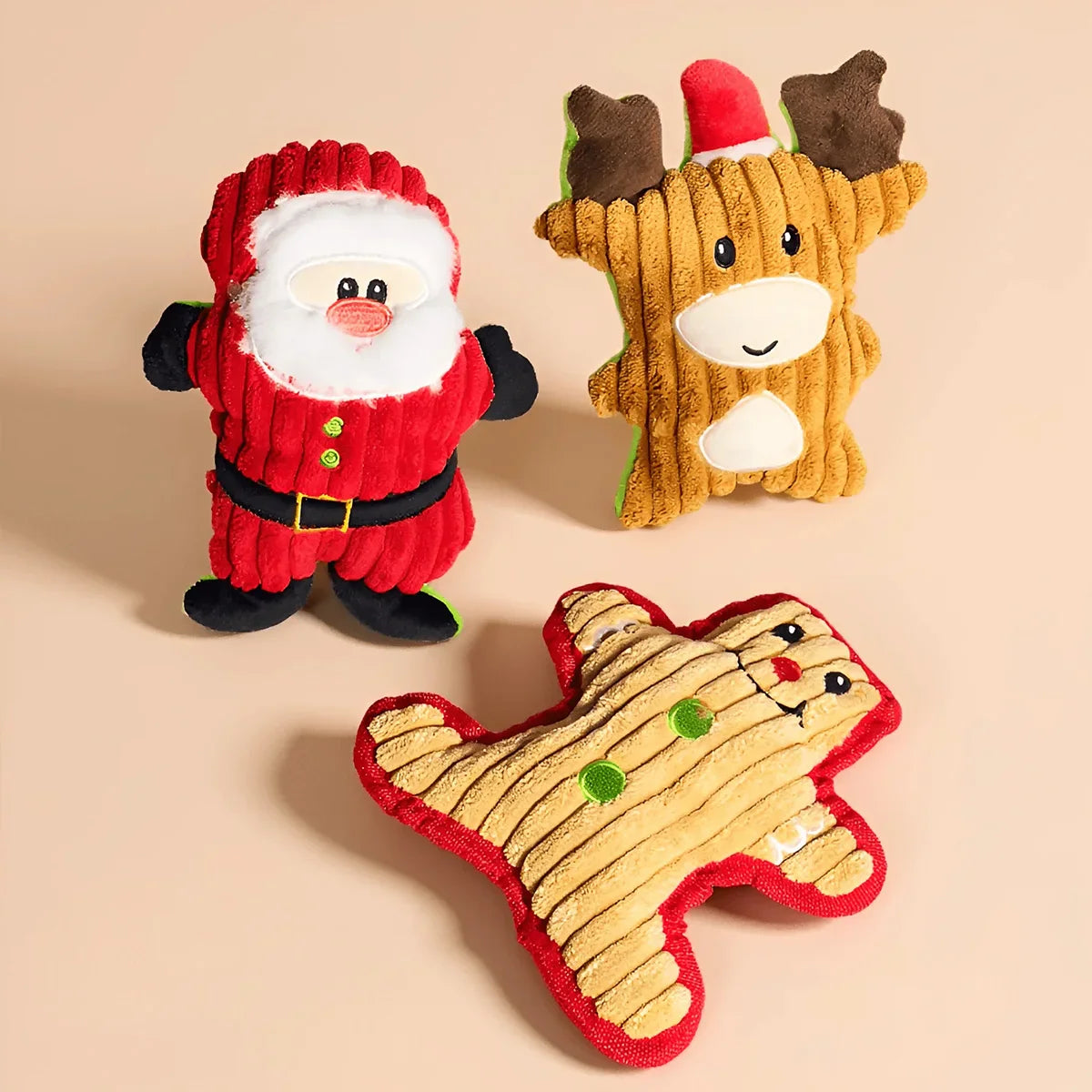Weihnachtliches Kauspielzeug für Haustiere mit Quietschfunktion, Plüsch-Santa, Rentier und Lebkuchenmann, perfekt zur Zahnreinigung und Beschäftigung für Hunde