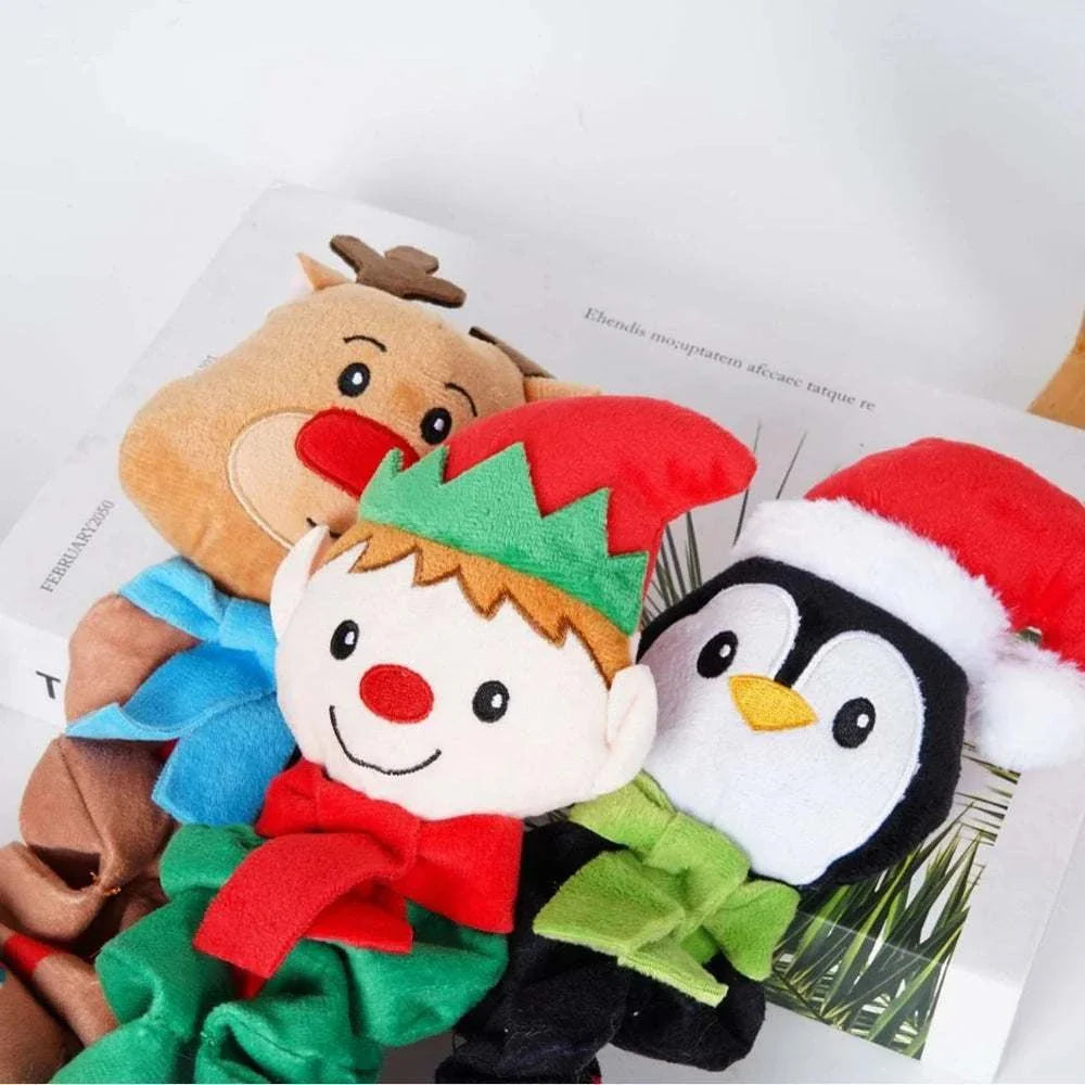Weihnachtliches weiches Plüsch-Kauspielzeug für Hunde mit Quietscheffekt, geeignet für kleine bis mittelgroße Hunde, festliches Design mit Rentier, Elf und Pinguin.