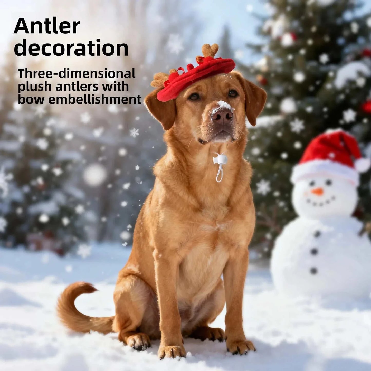 Weihnachtshut für Hunde mit dreidimensionalen rotem Rentiergeweih und Schleifenverzierung, festliches Haustier-Accessoire im Schnee