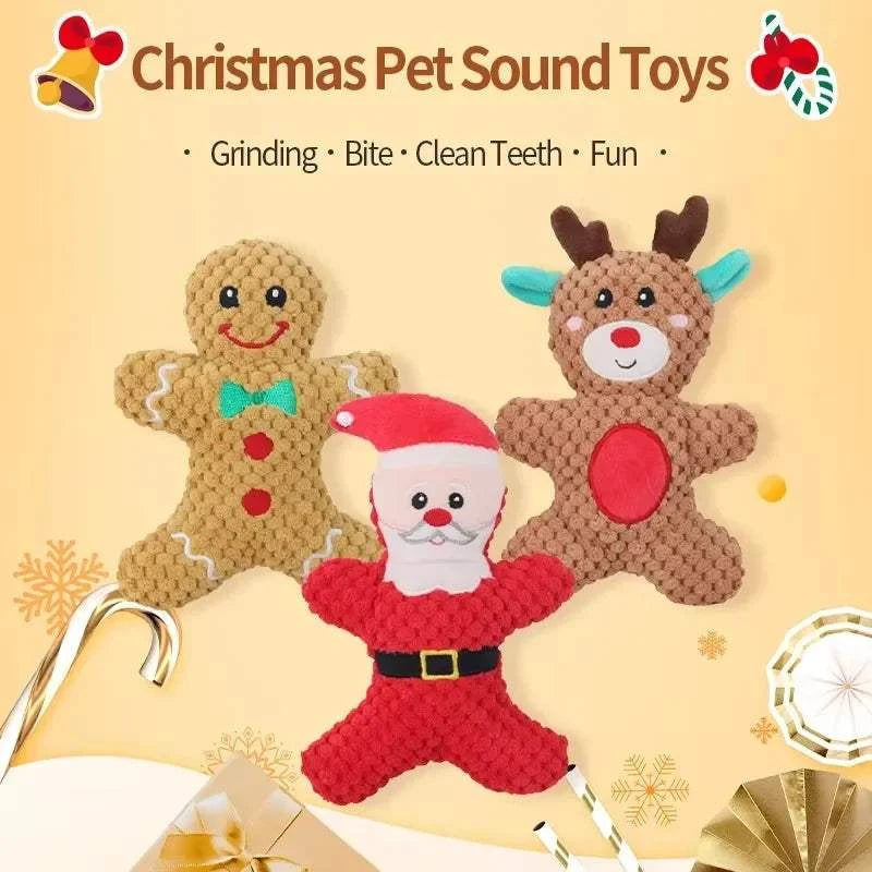 Xmas pet dog plush chew toy set with Santa, reindeer, and gingerbread man shapes for interactive Christmas fun