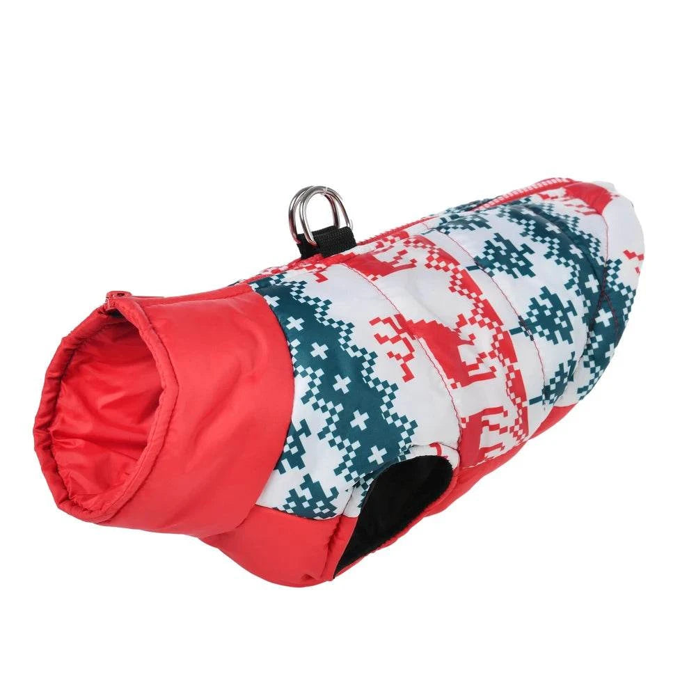 Weihnachtlicher Hundemantel mit Rentier-Print, wasserdicht und warm, mit praktischem D-Ring zur Leinenbefestigung
